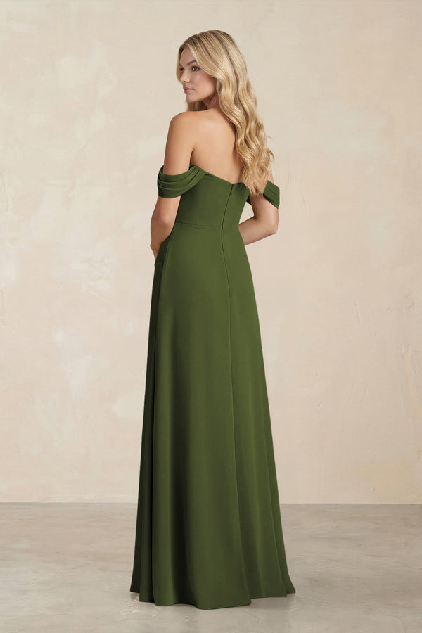 Off - the - Shoulder Corset Sheath Chiffon Bridesmaid Dress in Olive - SHE IS ME Bridesmaid Dresses