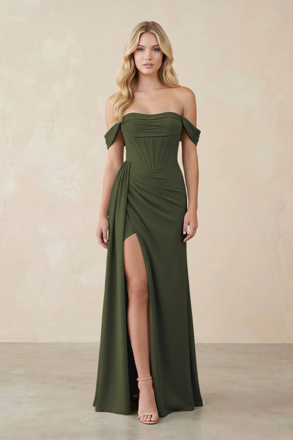 Off-the-Shoulder Corset Sheath Chiffon Bridesmaid Dress in Olive
