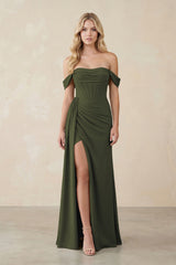 Off-the-Shoulder Corset Sheath Chiffon Bridesmaid Dress in Olive | KISSBRIDAL