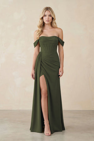 Off-the-Shoulder Corset Sheath Chiffon Bridesmaid Dress in Olive | KISSBRIDAL