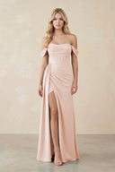 Off - the - Shoulder Corset Sheath Chiffon Bridesmaid Dress in Pale Blush - SHE IS ME Bridesmaid Dresses