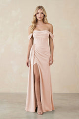 Off - the - Shoulder Corset Sheath Chiffon Bridesmaid Dress in Pale Blush - KISS BRIDAL Bridesmaid Dresses
