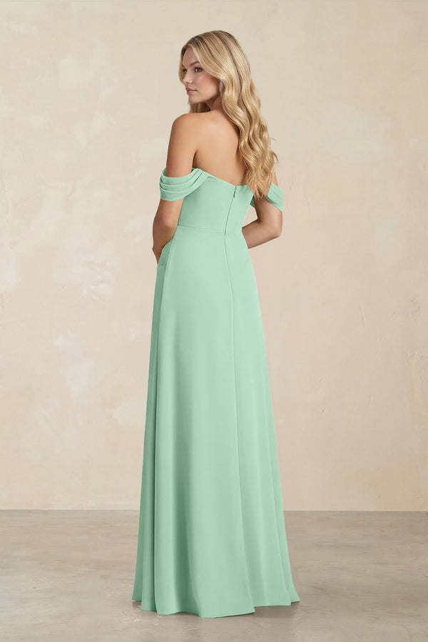 Off-the-Shoulder Corset Sheath Chiffon Bridesmaid Dress in Pale Pistachio (2) | KISSBRIDAL