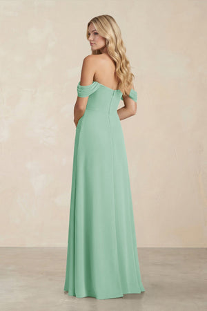 Off - the - Shoulder Corset Sheath Chiffon Bridesmaid Dress in Pale Pistachio - SHE IS ME Bridesmaid Dresses