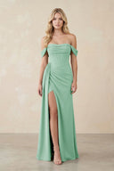 Off - the - Shoulder Corset Sheath Chiffon Bridesmaid Dress in Pale Pistachio - SHE IS ME Bridesmaid Dresses