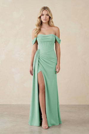 Off - the - Shoulder Corset Sheath Chiffon Bridesmaid Dress in Pale Pistachio - SHE IS ME Bridesmaid Dresses