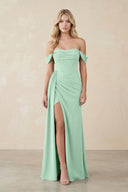 Off-the-Shoulder Corset Sheath Chiffon Bridesmaid Dress in Pale Pistachio | KISSBRIDAL