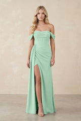 Off-the-Shoulder Corset Sheath Chiffon Bridesmaid Dress in Pale Pistachio | KISSBRIDAL