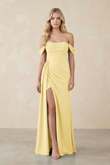 Off - the - Shoulder Corset Sheath Chiffon Bridesmaid Dress in Pastel Yellow - KISS BRIDAL Bridesmaid Dresses