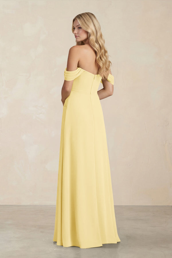 Off - the - Shoulder Corset Sheath Chiffon Bridesmaid Dress in Pastel Yellow - SHE IS ME Bridesmaid Dresses