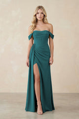 Off - the - Shoulder Corset Sheath Chiffon Bridesmaid Dress in Pine - KISS BRIDAL Bridesmaid Dresses
