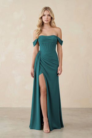 Off - the - Shoulder Corset Sheath Chiffon Bridesmaid Dress in Pine - SHE IS ME Bridesmaid Dresses