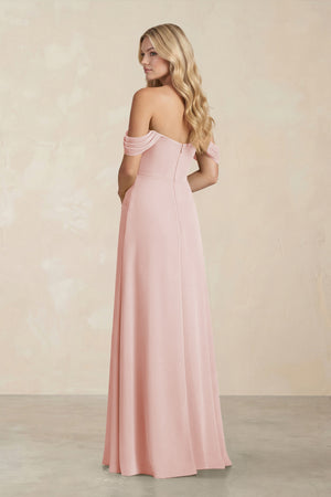 Off-the-Shoulder Corset Sheath Chiffon Bridesmaid Dress in Rose Petal (2) | KISSBRIDAL