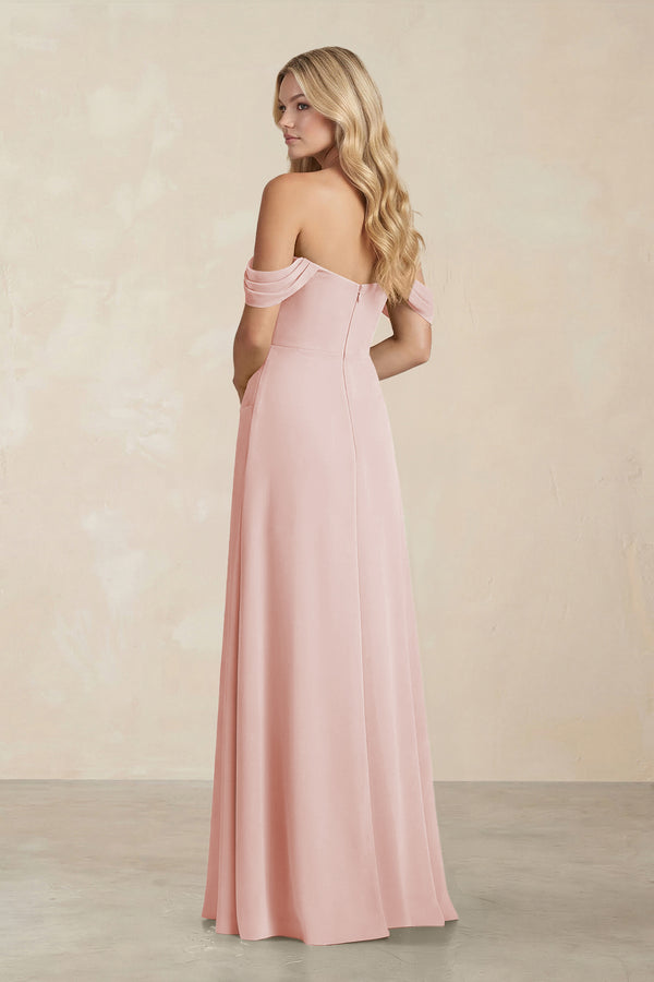 Off-the-Shoulder Corset Sheath Chiffon Bridesmaid Dress in Rose Petal (2) | KISSBRIDAL