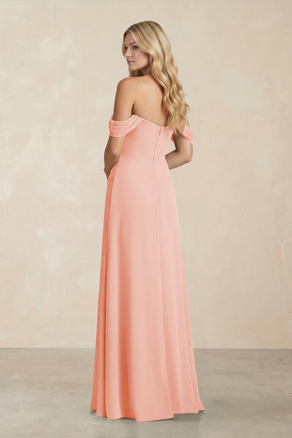 Off - the - Shoulder Corset Sheath Chiffon Bridesmaid Dress in Rose Petal - SHE IS ME Bridesmaid Dresses