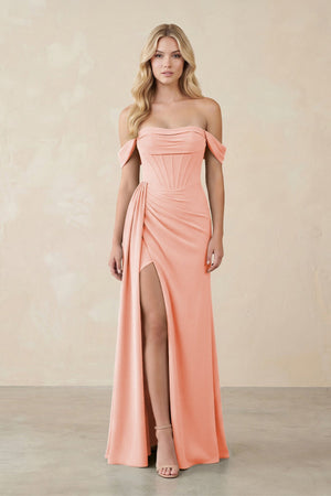 Off - the - Shoulder Corset Sheath Chiffon Bridesmaid Dress in Rose Petal - SHE IS ME Bridesmaid Dresses