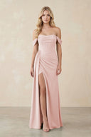 Off-the-Shoulder Corset Sheath Chiffon Bridesmaid Dress in Rose Petal | KISSBRIDAL