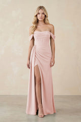 Off-the-Shoulder Corset Sheath Chiffon Bridesmaid Dress in Rose Petal | KISSBRIDAL