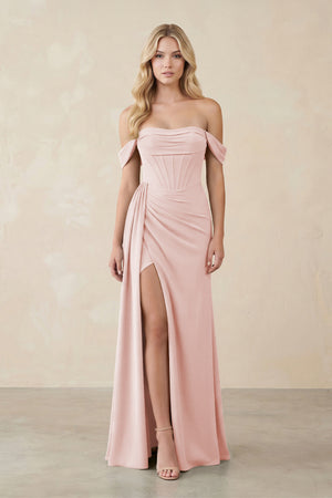 Off-the-Shoulder Corset Sheath Chiffon Bridesmaid Dress in Rose Petal | KISSBRIDAL