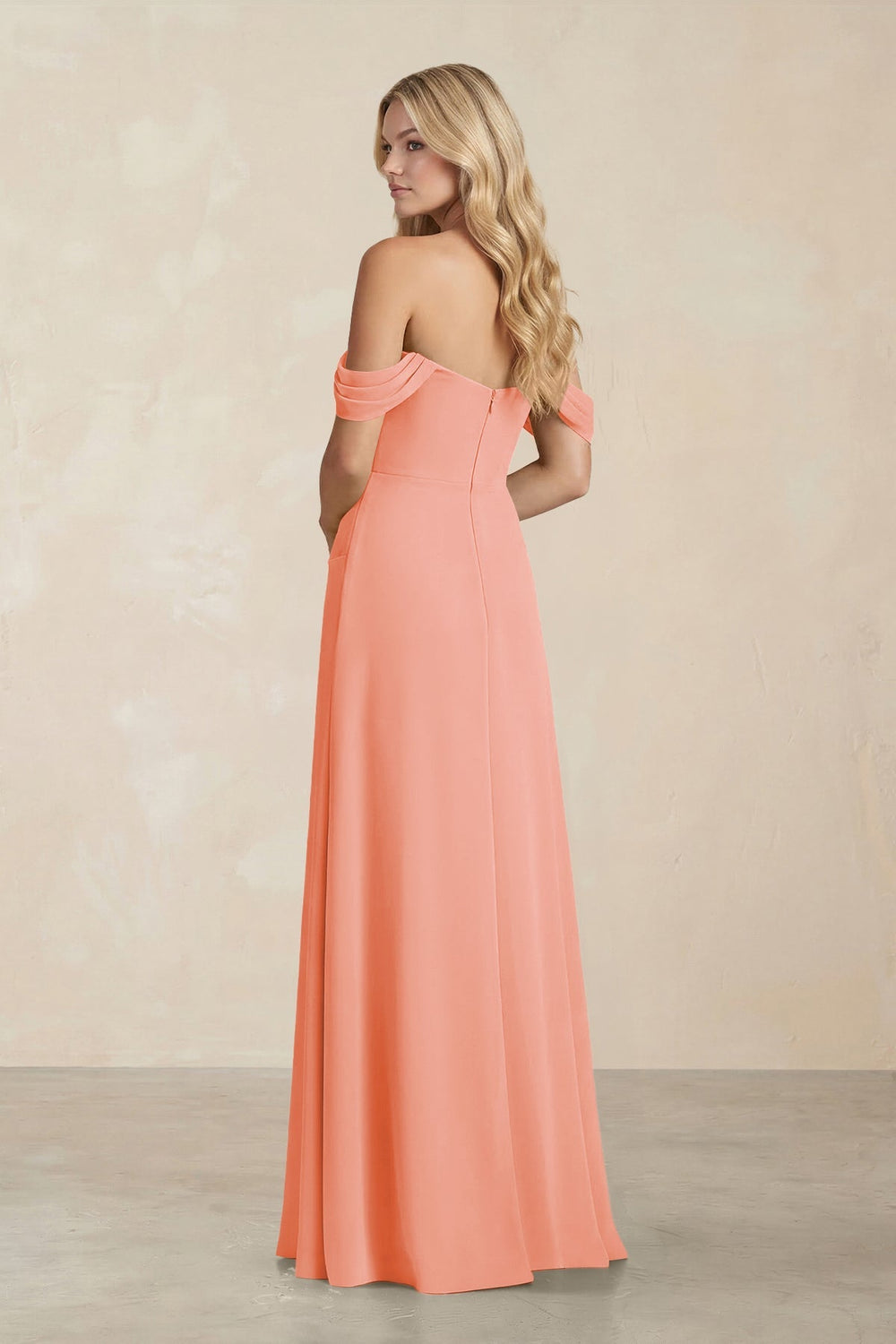 Off - the - Shoulder Corset Sheath Chiffon Bridesmaid Dress in Rosette - KISS BRIDAL Bridesmaid Dresses