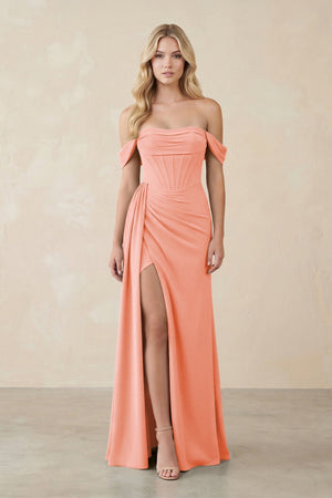 Off - the - Shoulder Corset Sheath Chiffon Bridesmaid Dress in Rosette - SHE IS ME Bridesmaid Dresses