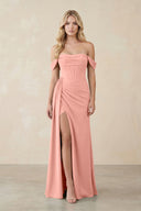 Off-the-Shoulder Corset Sheath Chiffon Bridesmaid Dress in Rosette | KISSBRIDAL