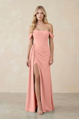 Off-the-Shoulder Corset Sheath Chiffon Bridesmaid Dress in Rosette | KISSBRIDAL