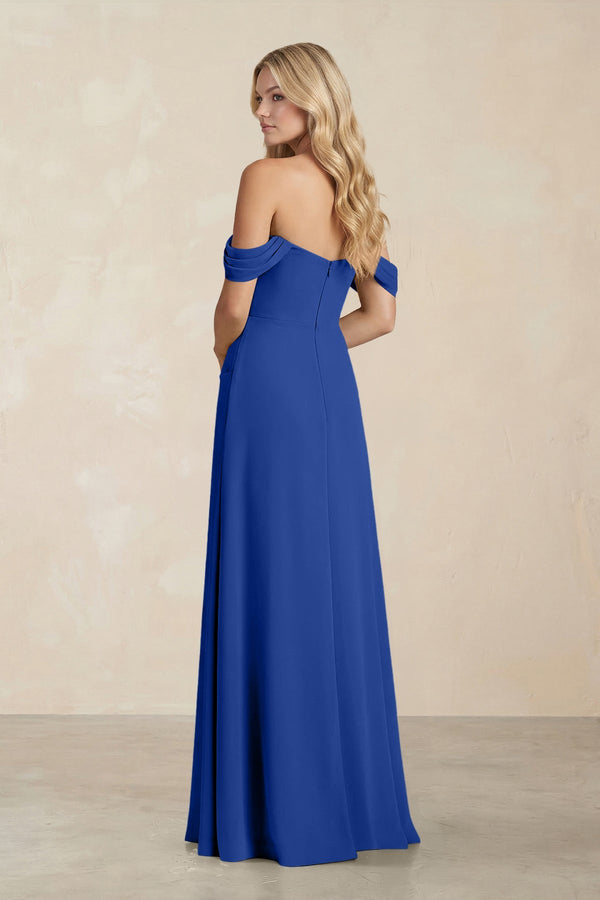 Off - the - Shoulder Corset Sheath Chiffon Bridesmaid Dress in Royal Blue - SHE IS ME Bridesmaid Dresses