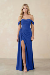 Off - the - Shoulder Corset Sheath Chiffon Bridesmaid Dress in Royal Blue - KISS BRIDAL Bridesmaid Dresses