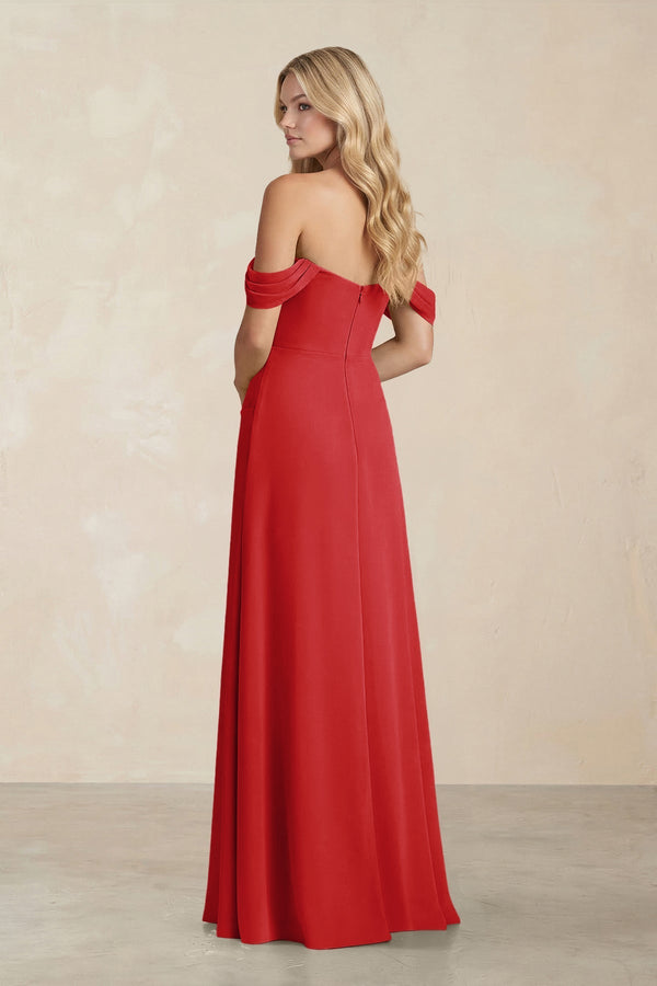 Off - the - Shoulder Corset Sheath Chiffon Bridesmaid Dress in Ruby Red - SHE IS ME Bridesmaid Dresses