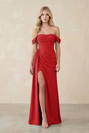 Off - the - Shoulder Corset Sheath Chiffon Bridesmaid Dress in Ruby Red - SHE IS ME Bridesmaid Dresses
