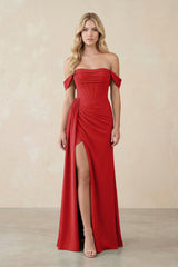 Off - the - Shoulder Corset Sheath Chiffon Bridesmaid Dress in Ruby Red - KISS BRIDAL Bridesmaid Dresses