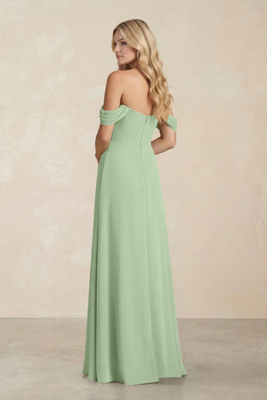 Off - the - Shoulder Corset Sheath Chiffon Bridesmaid Dress in Sage - SHE IS ME Bridesmaid Dresses