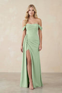 Off - the - Shoulder Corset Sheath Chiffon Bridesmaid Dress in Sage - SHE IS ME Bridesmaid Dresses