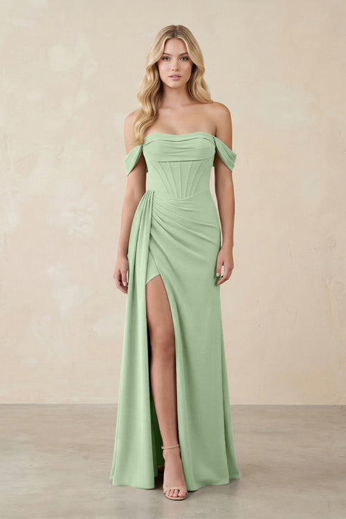 Off - the - Shoulder Corset Sheath Chiffon Bridesmaid Dress in Sage - SHE IS ME Bridesmaid Dresses