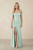 Off-the-Shoulder Corset Sheath Chiffon Bridesmaid Dress in Sage | KISSBRIDAL