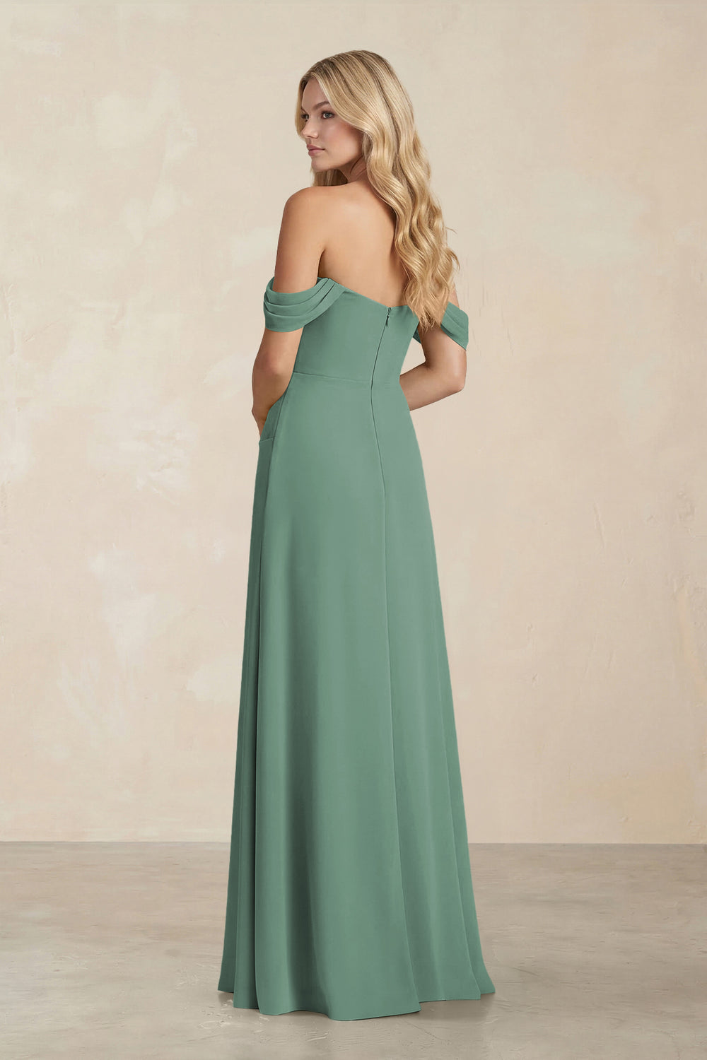 Off-the-Shoulder Corset Sheath Chiffon Bridesmaid Dress in Sea Glass