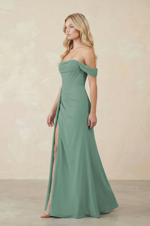 Off-the-Shoulder Corset Sheath Chiffon Bridesmaid Dress in Sea Glass (3) | KISSBRIDAL