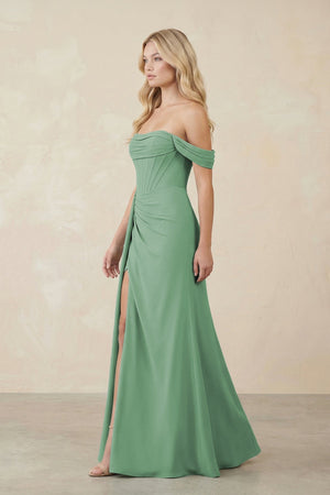 Off - the - Shoulder Corset Sheath Chiffon Bridesmaid Dress in Sea Glass - SHE IS ME Bridesmaid Dresses