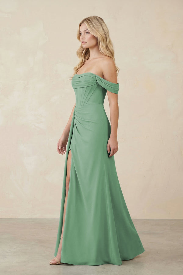 Off - the - Shoulder Corset Sheath Chiffon Bridesmaid Dress in Sea Glass - SHE IS ME Bridesmaid Dresses