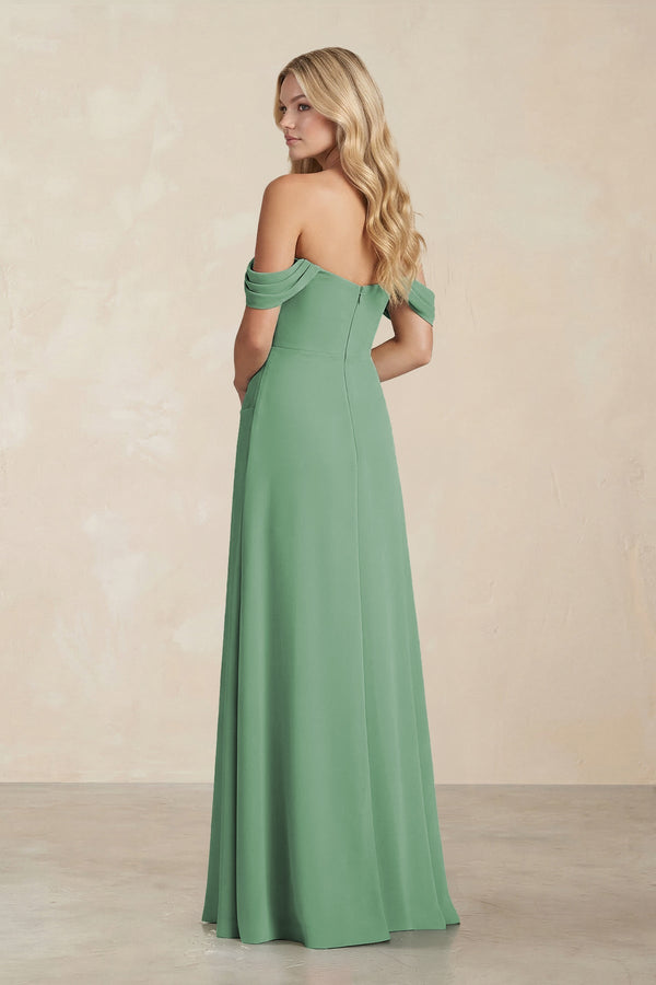 Off - the - Shoulder Corset Sheath Chiffon Bridesmaid Dress in Sea Glass - SHE IS ME Bridesmaid Dresses