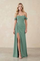 Off-the-Shoulder Corset Sheath Chiffon Bridesmaid Dress in Sea Glass | KISSBRIDAL