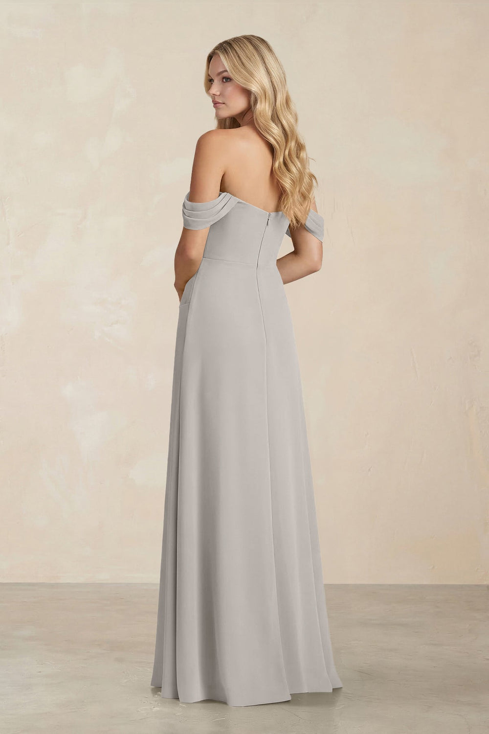 Off - the - Shoulder Corset Sheath Chiffon Bridesmaid Dress in Silver - KISS BRIDAL Bridesmaid Dresses