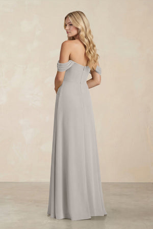 Off - the - Shoulder Corset Sheath Chiffon Bridesmaid Dress in Silver - SHE IS ME Bridesmaid Dresses