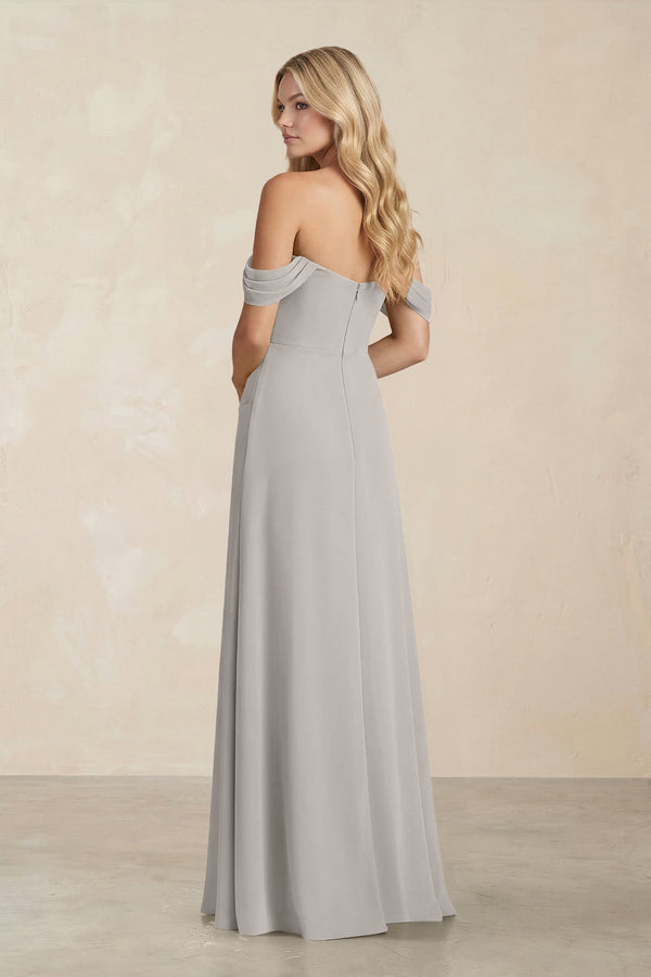 Off - the - Shoulder Corset Sheath Chiffon Bridesmaid Dress in Silver - SHE IS ME Bridesmaid Dresses