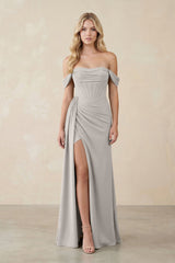Off - the - Shoulder Corset Sheath Chiffon Bridesmaid Dress in Silver - KISS BRIDAL Bridesmaid Dresses