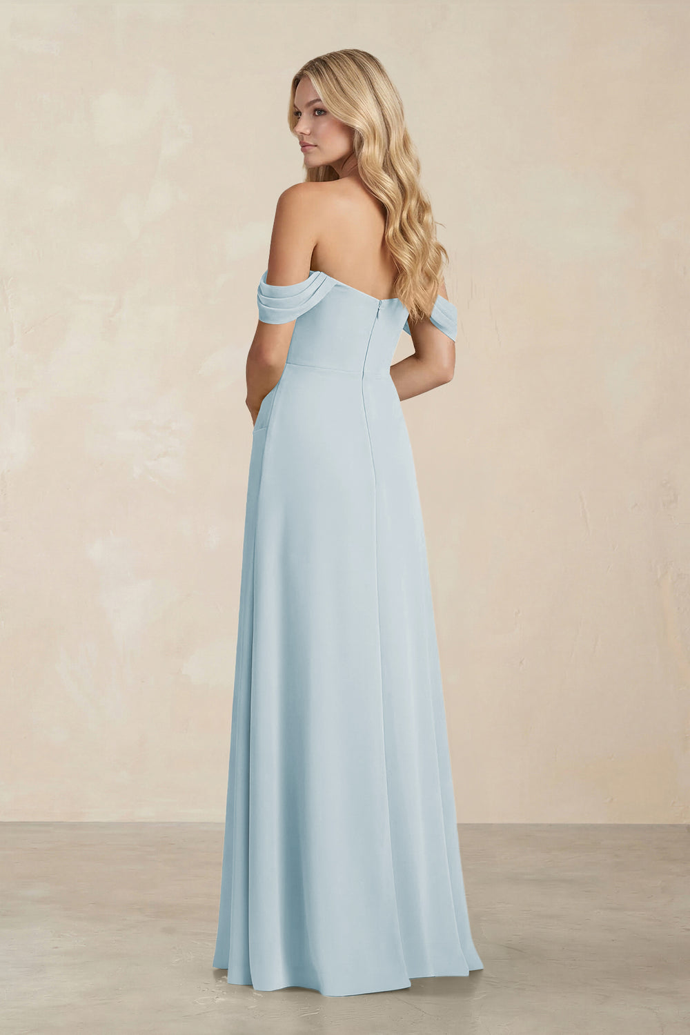 Off-the-Shoulder Corset Sheath Chiffon Bridesmaid Dress in Sky Blue