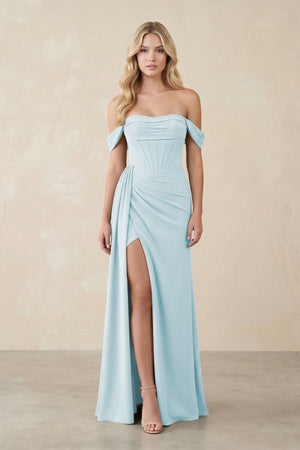 Off - the - Shoulder Corset Sheath Chiffon Bridesmaid Dress in Sky Blue - SHE IS ME Bridesmaid Dresses