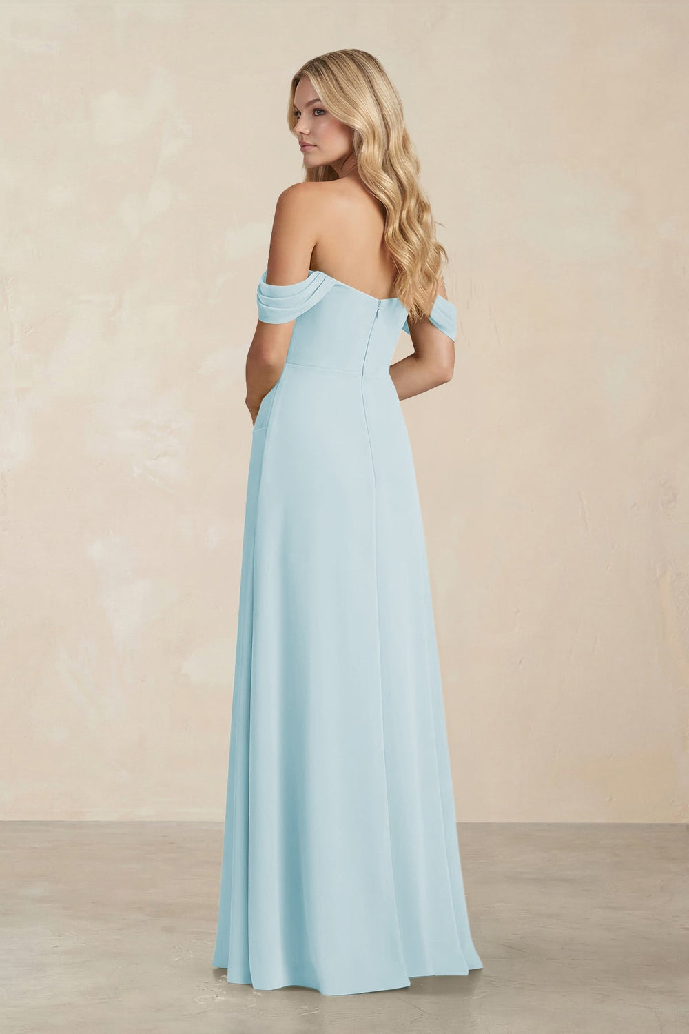 Off - the - Shoulder Corset Sheath Chiffon Bridesmaid Dress in Sky Blue - KISS BRIDAL Bridesmaid Dresses