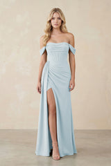 Off-the-Shoulder Corset Sheath Chiffon Bridesmaid Dress in Sky Blue | KISSBRIDAL